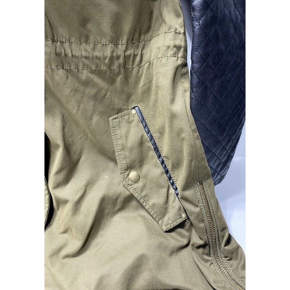 Green Zara Leather and Khaki Winter/Fall Coat Parka L -As is front zipper broken - Picture 8 of 16